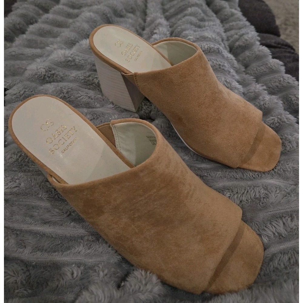 Oasis Society California size 8 beige tan slides sandals heels shoes‎ EUC!